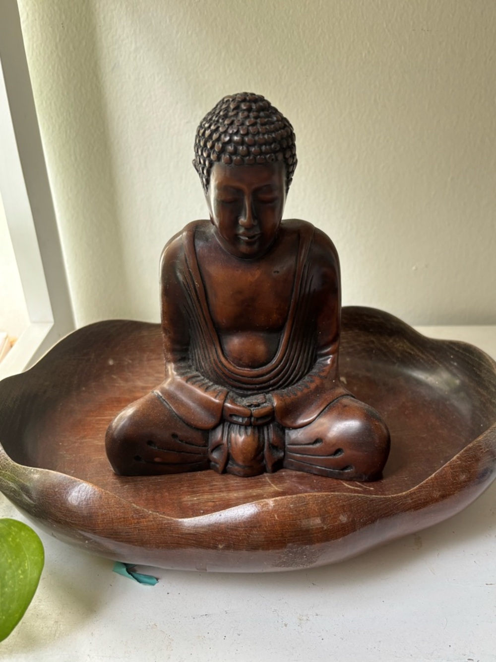 Oak Wooden Buddha Figurine Bowl - Brown Decorative Statue